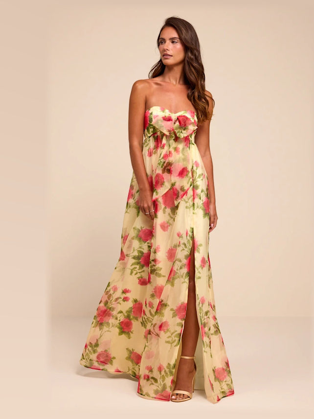 Light Yellow Floral formal dress with a-line shape
