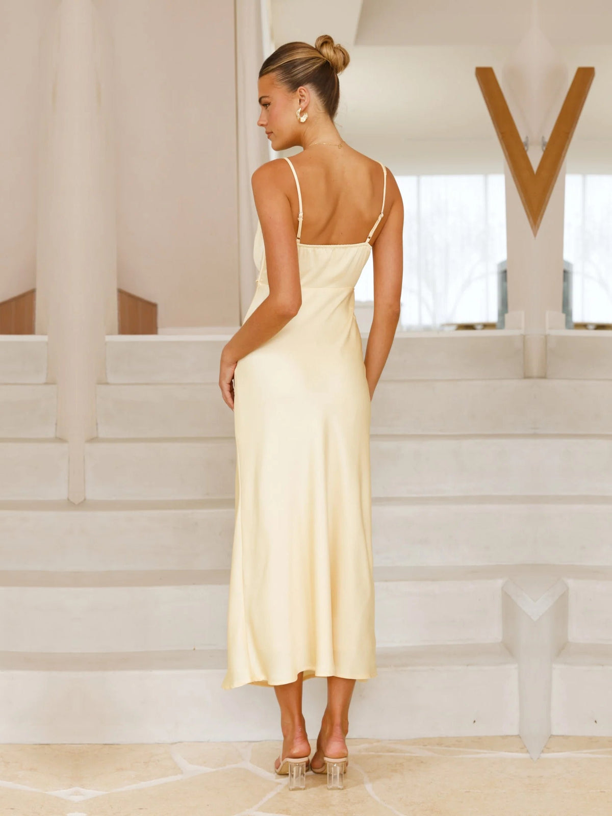 Yellow sheath maxi formal dress with cowl neckline, alternate view showing the skirt