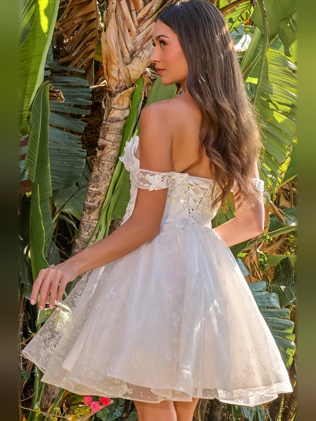 White sweetheart corset A-line mini tulle dress with off-shoulder floral lace trim