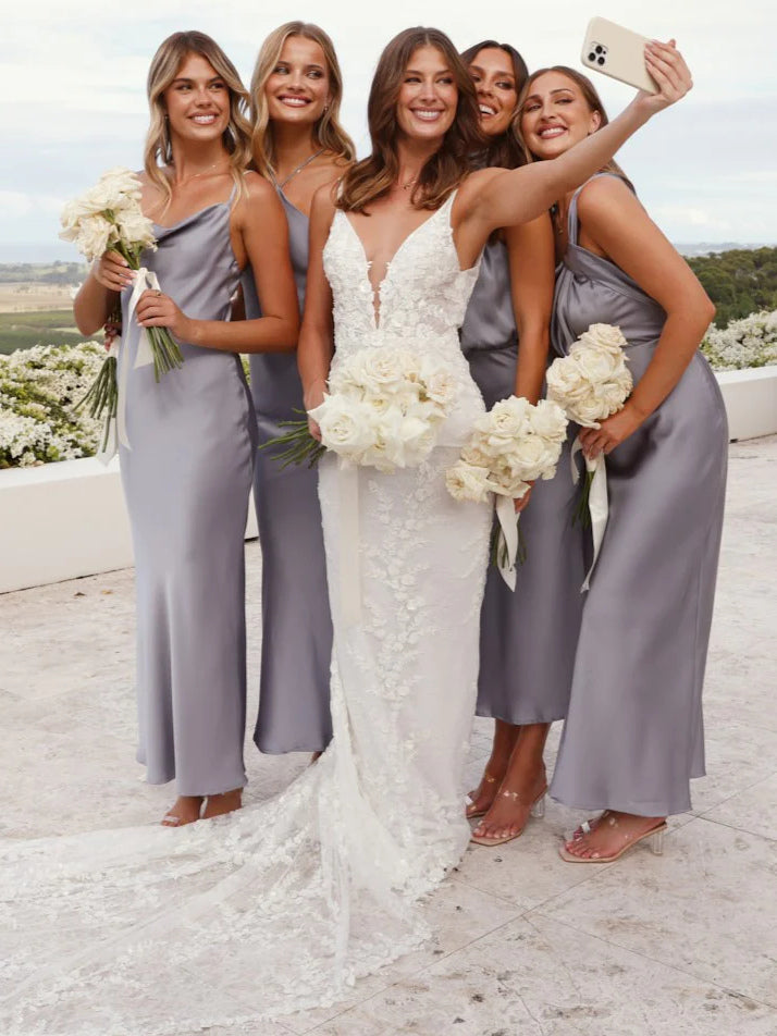 Steel Blue sheath maxi formal dress with floral appliqu¨¦, alternate full-length view showing the skirt