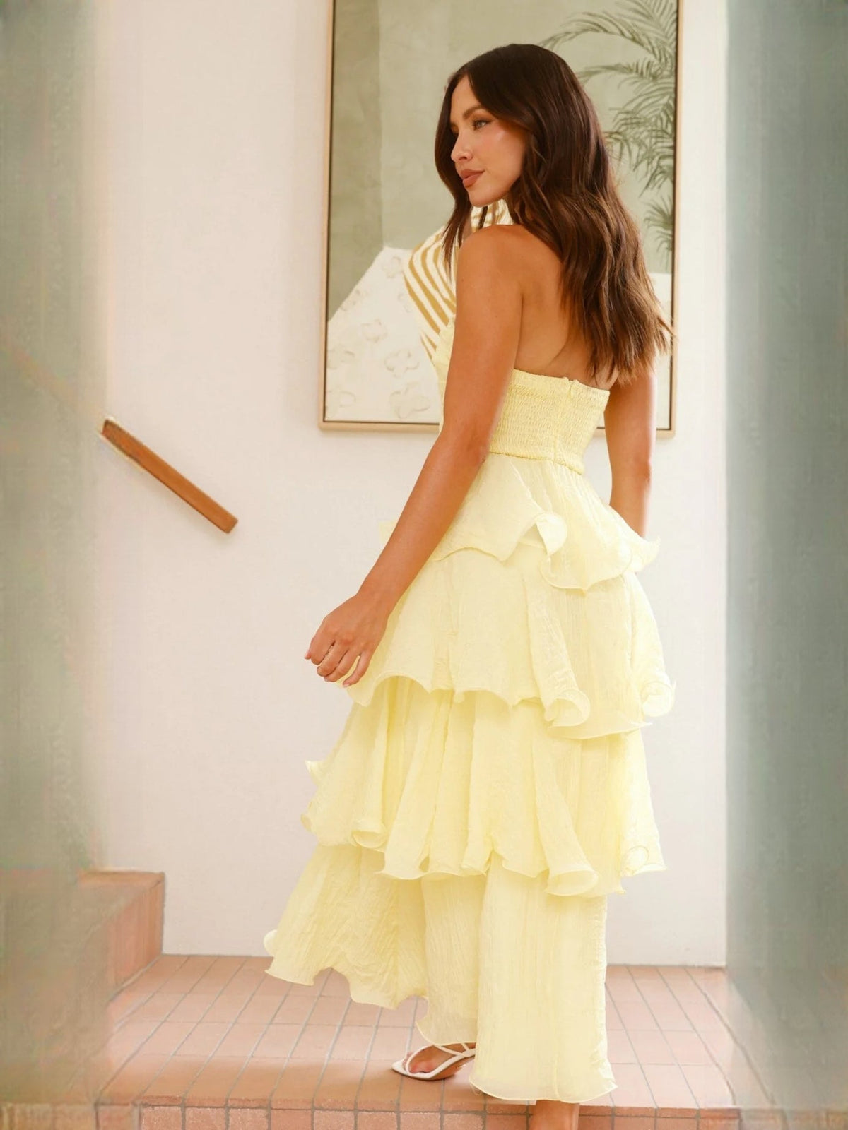 Butter Yellow a-line maxi formal dress with tiered skirt, alternate full-length view