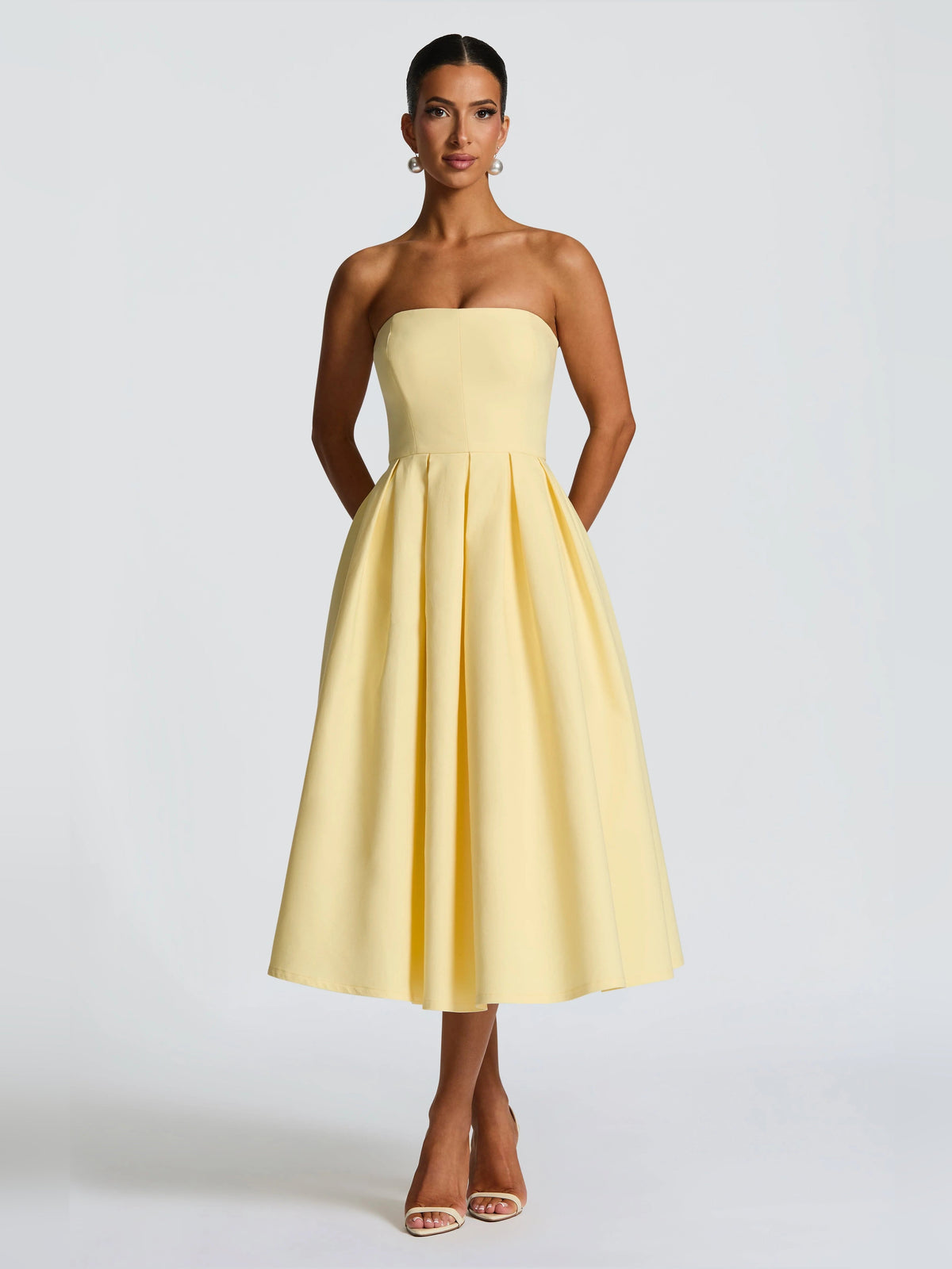 Lemon strapless midi formal dress with pleated skirt and sweetheart neckline