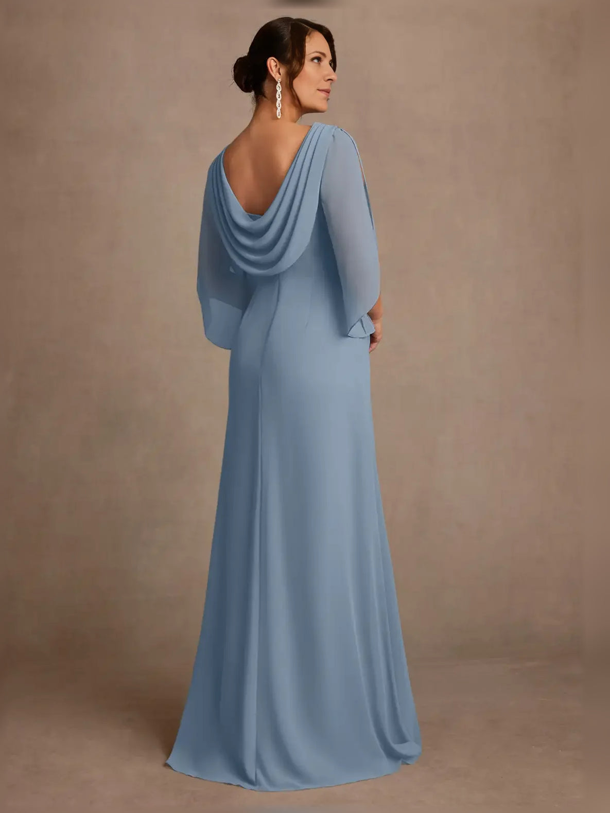 Dusty blue draped boat-neck A-line gown with cowl neckline, floor-length