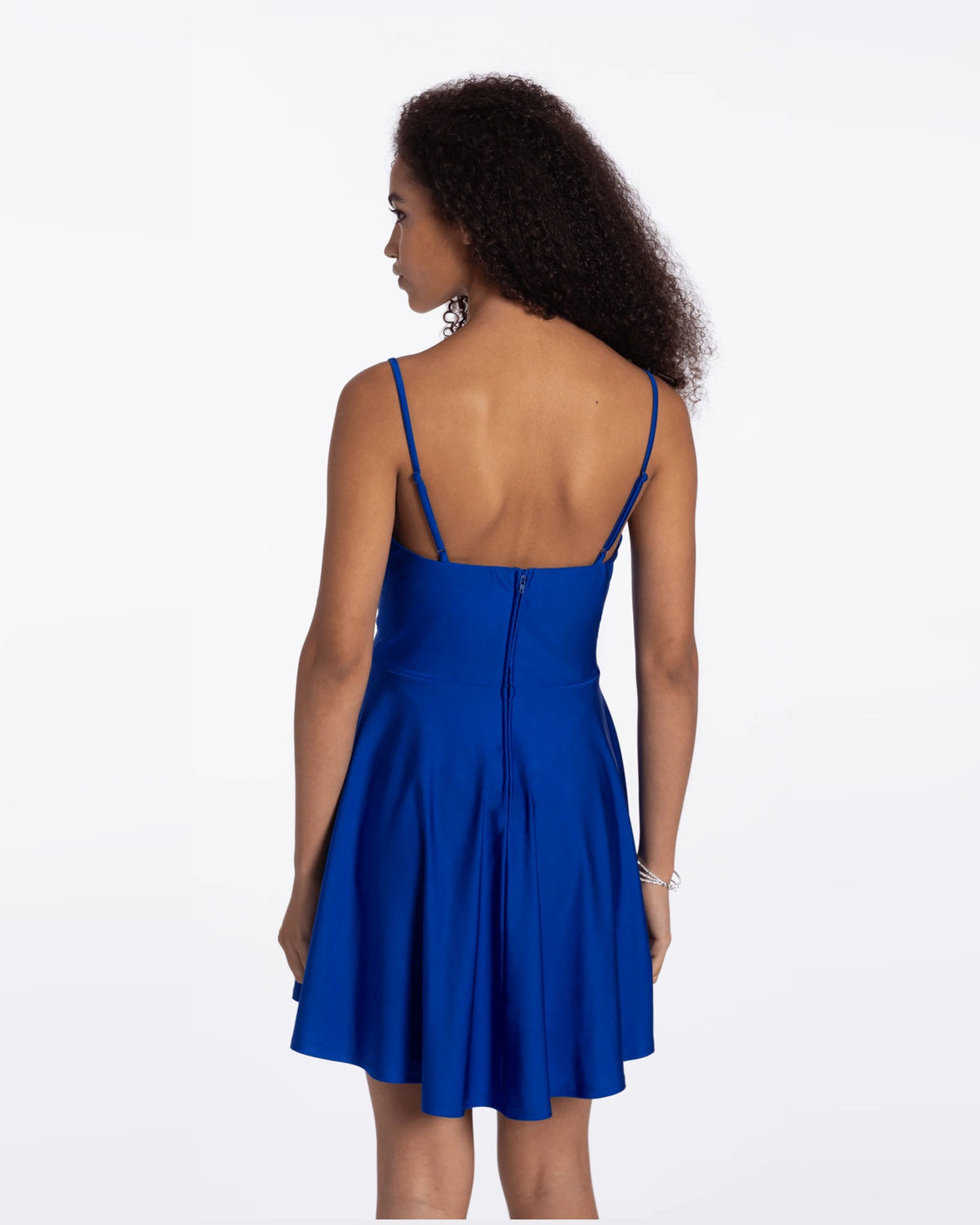 Royal blue A-line dress back view with spaghetti straps and pleated skirt