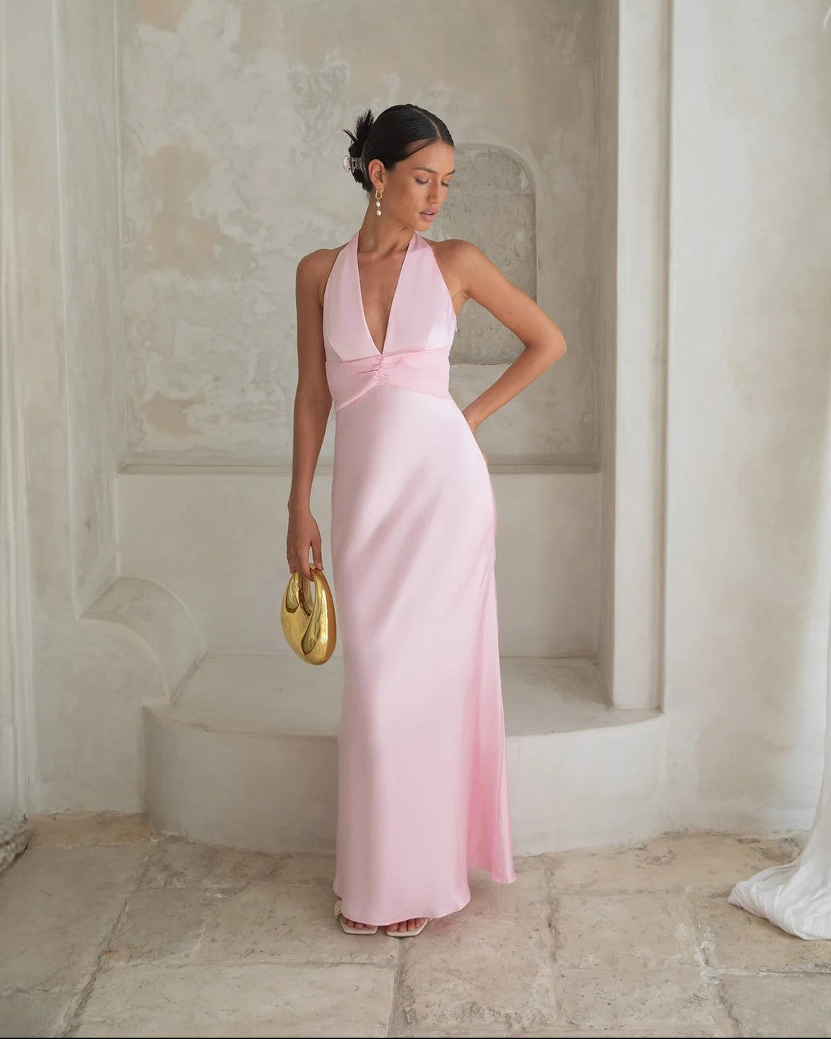 Pale pink satin halter A-line maxi bridesmaid dress with V neckline