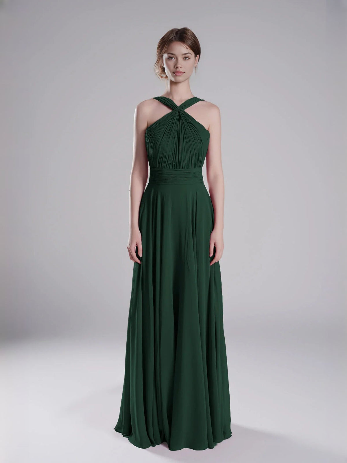 Emerald green halter A-line chiffon bridesmaid dress with ruched bodice and flowy skirt