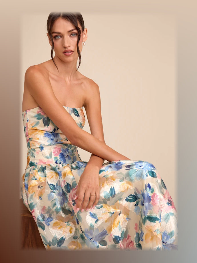 Champagne Blue Peach Floral Print maxi formal dress, alternate full-length view showing the hem