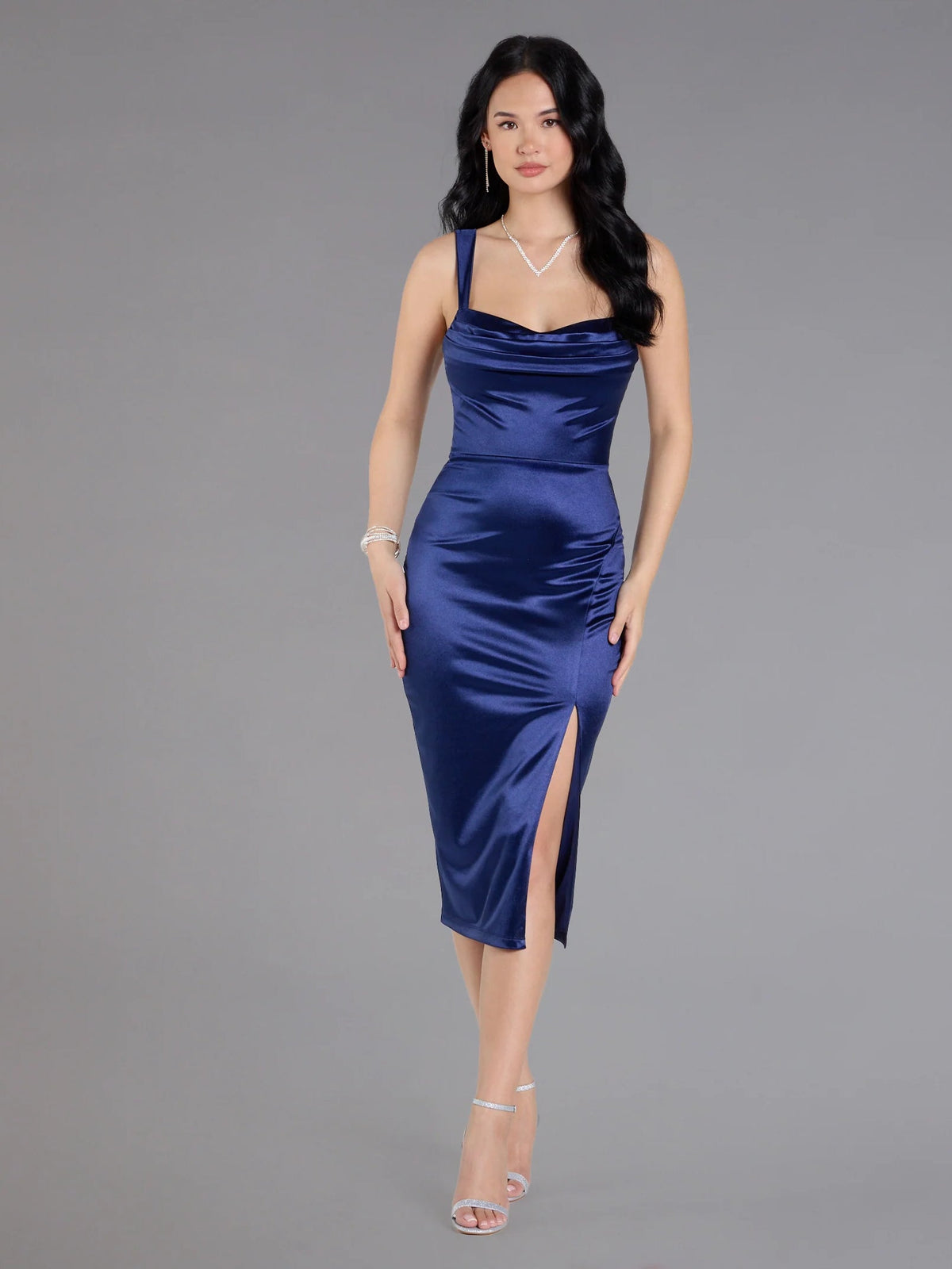 High-slit satin midi formal dress with spaghetti straps and side slit, deep navy