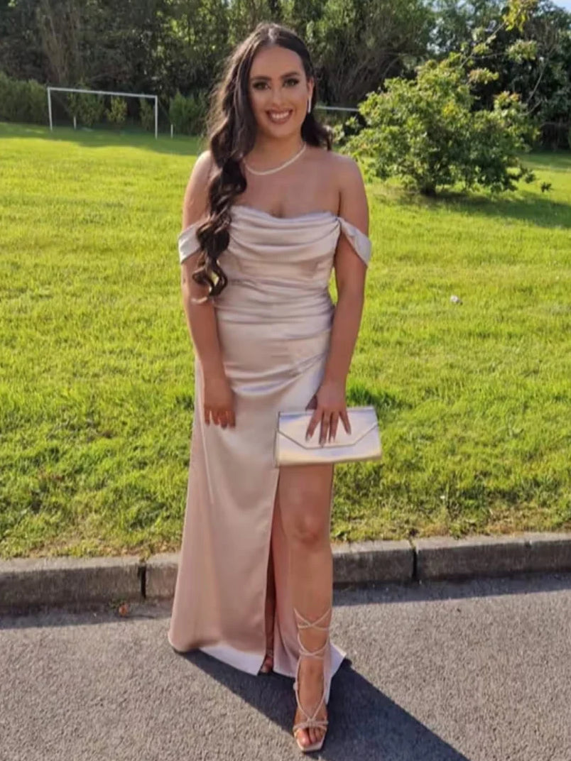 Off-the-shoulder satin slit sheath dress, champagne-beige, cowl neckline and side slit