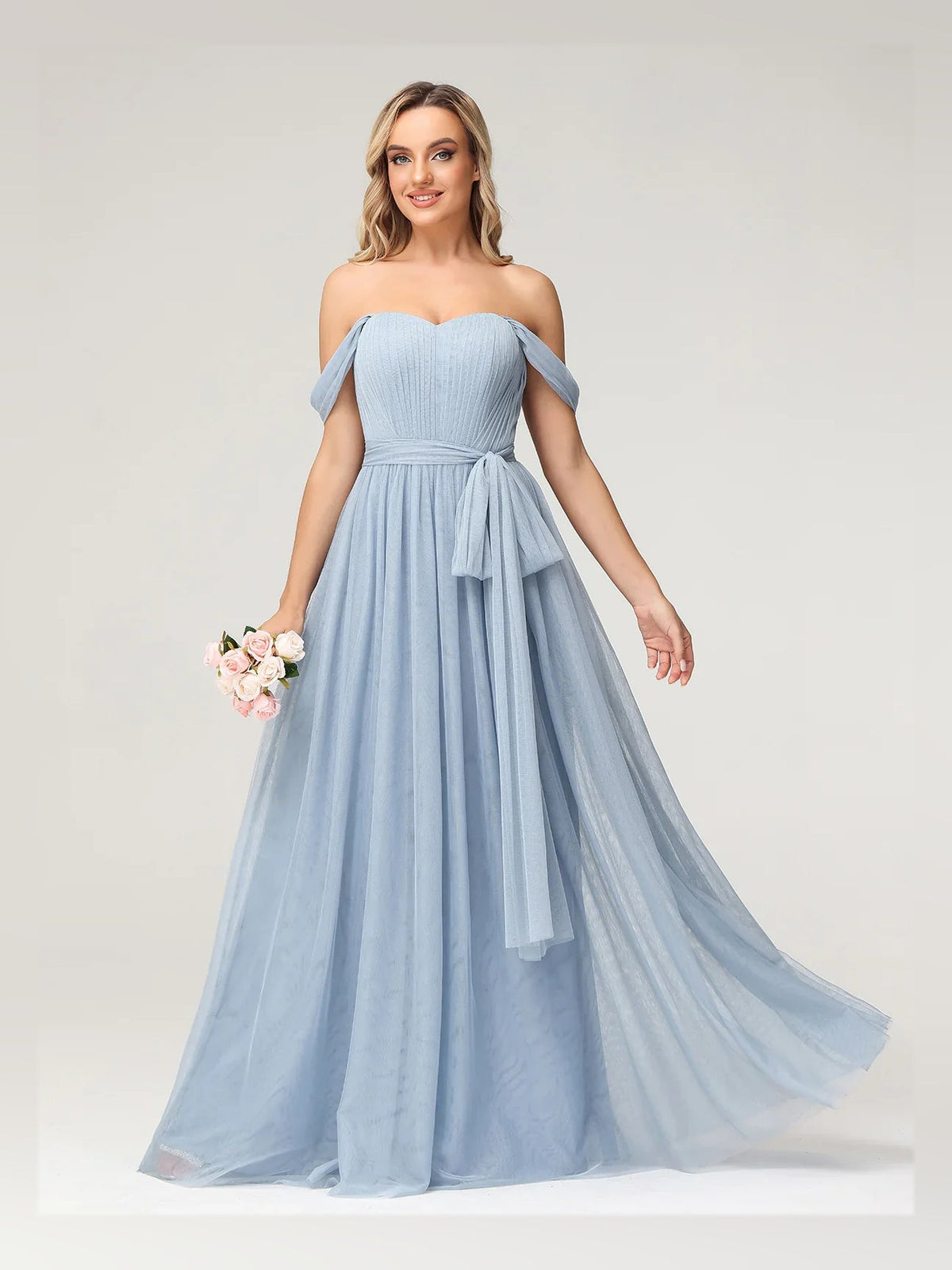 Dusty blue off-shoulder sweetheart A-line tulle dress with pleated skirt and bouquet