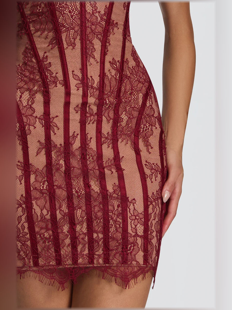 Burgundy lace mini dress close-up: sheer overlay with vertical floral stripe print