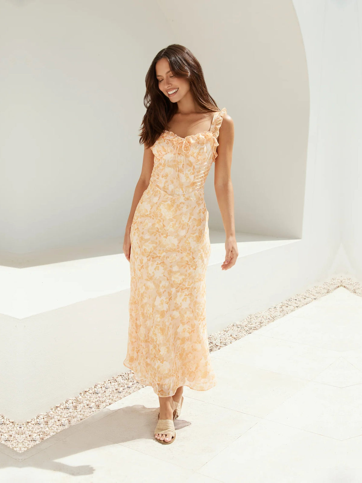 Orange sheath maxi formal dress with floral print, alternate view showing the skirt