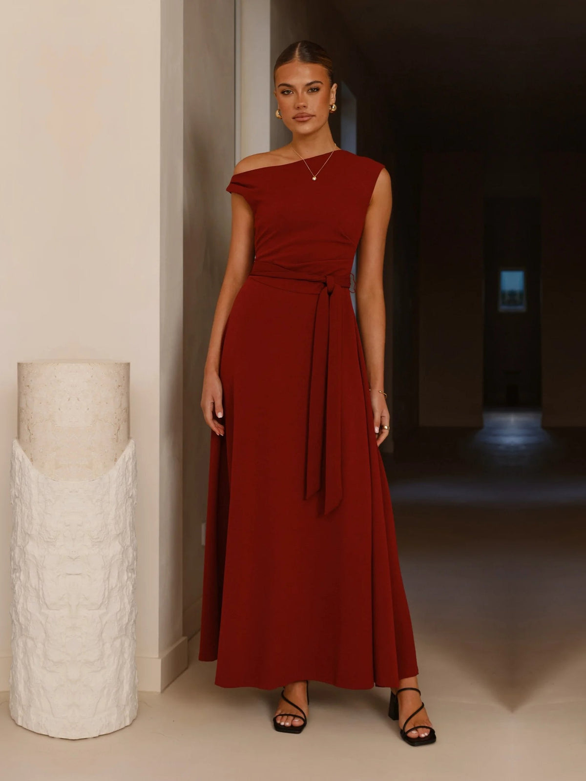 Burgundy a-line maxi formal dress with a-line, alternate view showing the skirt