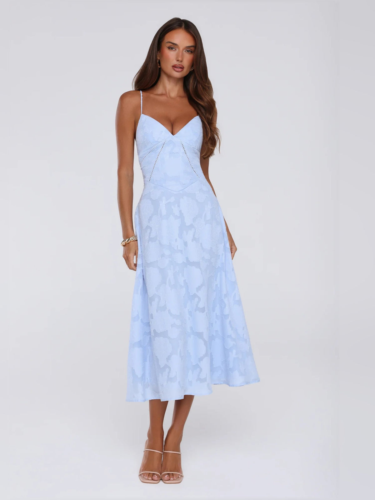 Light blue midi formal dress with sweetheart bodice and A-line skirt