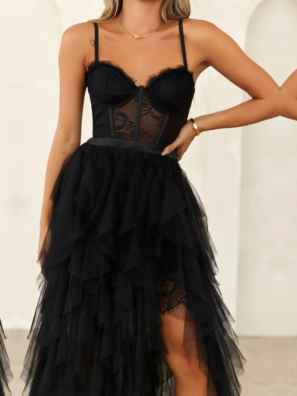 Black a-line maxi formal dress with skirt slit, alternate view