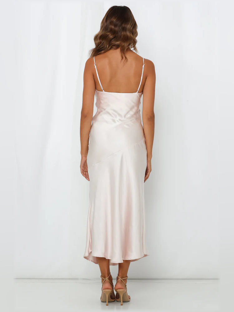 Champagne midi formal dress back view, spaghetti straps, V-back, fitted silhouette