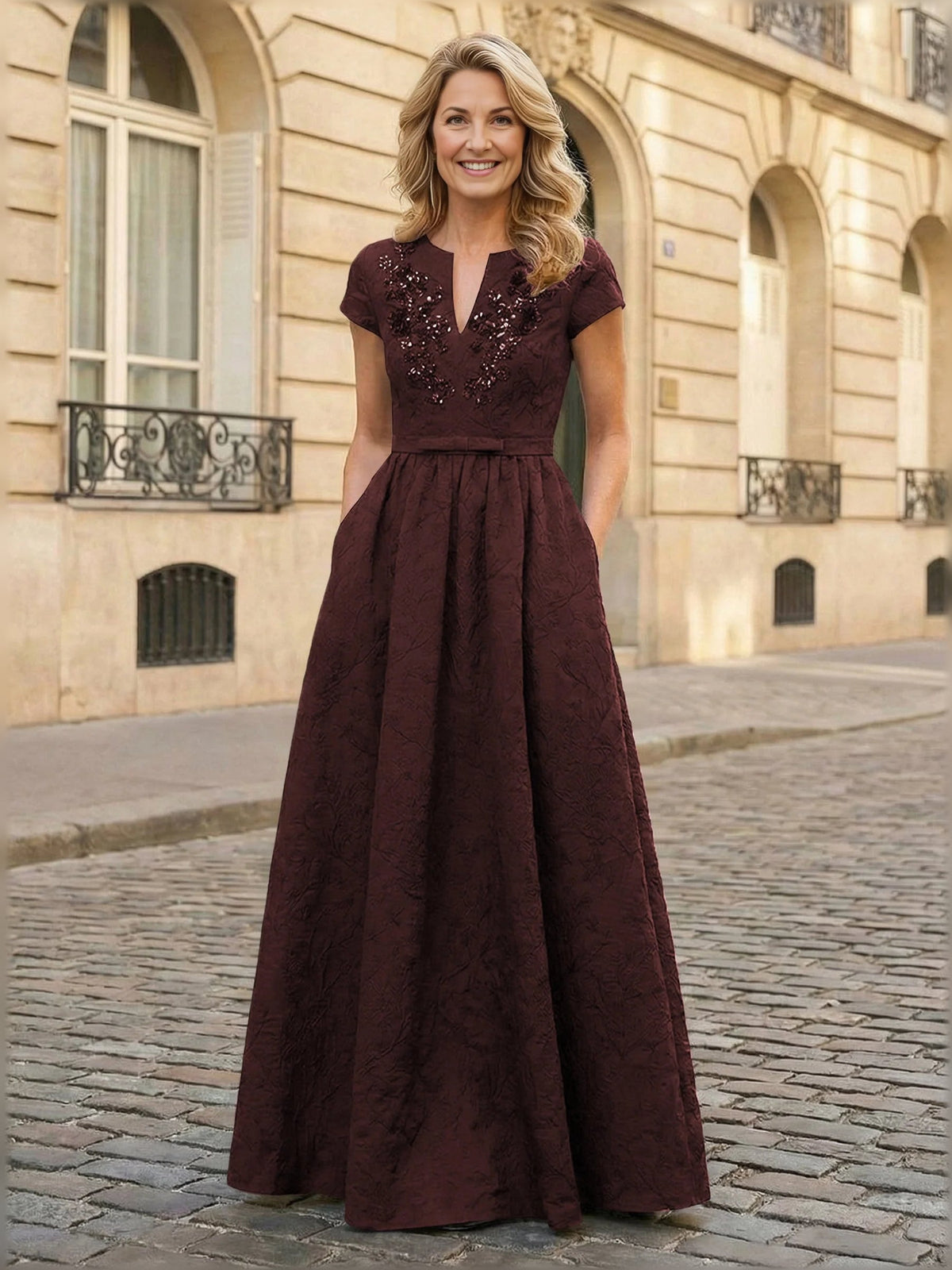 Deep red beaded V-neck A-line floor-length dress with short sleeves