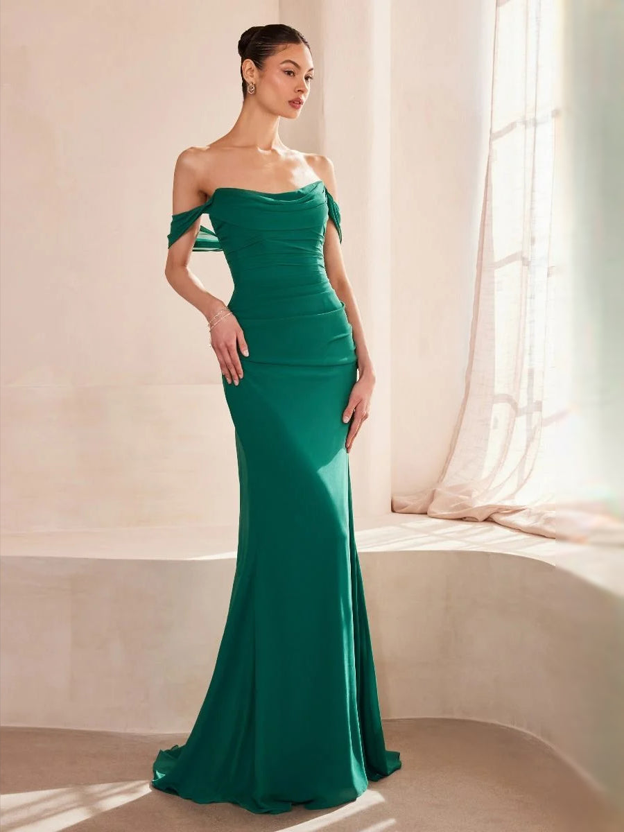 Emerald green off-shoulder ruched mermaid prom dress with draped neckline