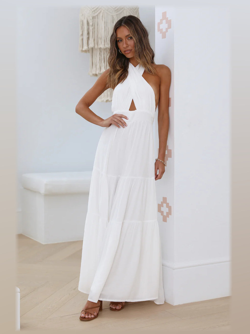 White maxi formal dress, alternate full-length view showing the hem