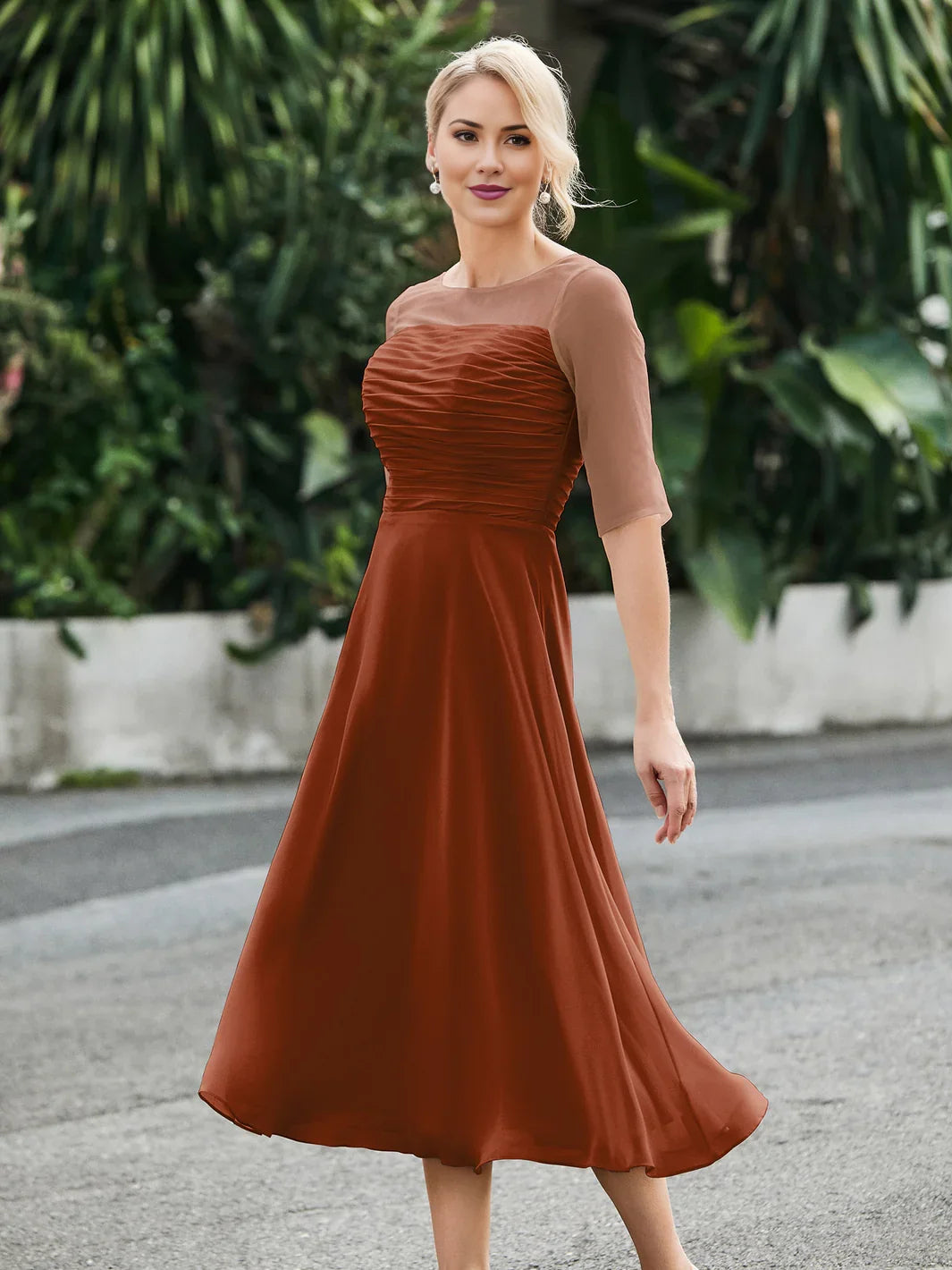 Terracotta chiffon A-line dress with ruched illusion neckline and three-quarter sleeves