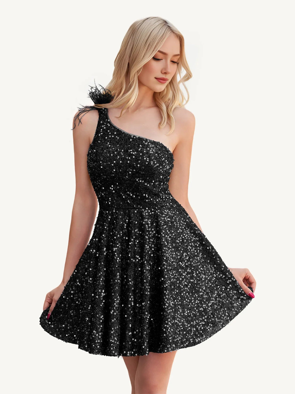 Black sequin one-shoulder A-line mini dress with A-line skirt shimmer