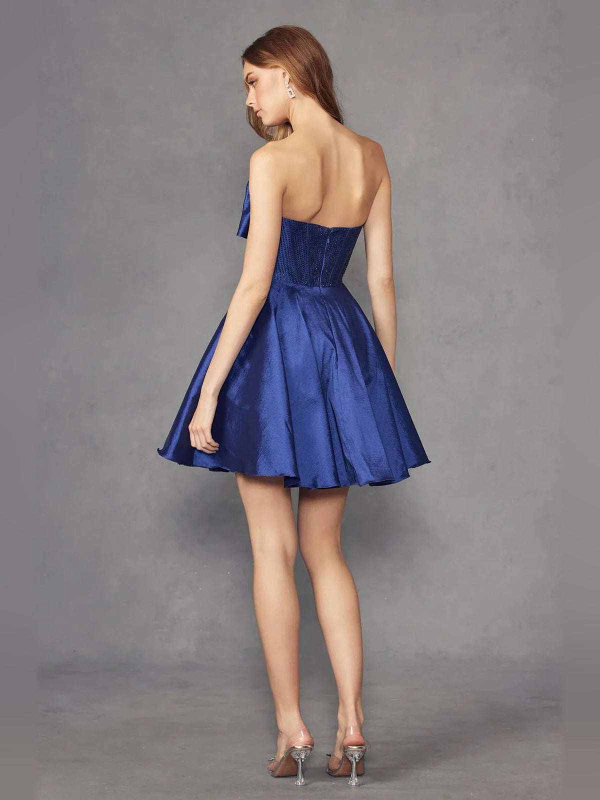 Dark blue strapless satin mini dress with corset bodice and pleated A-line skirt