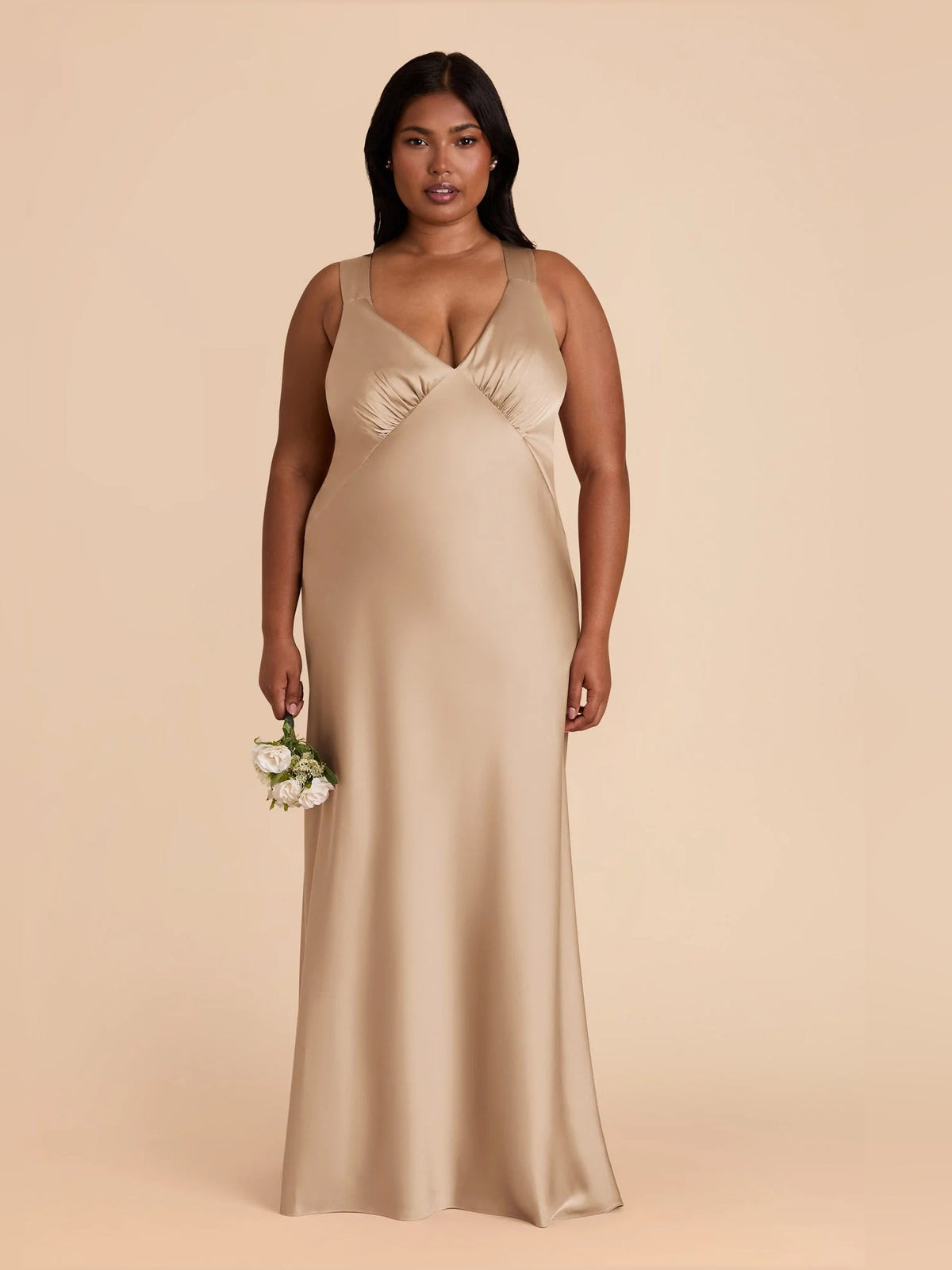 Gold satin ruched V-neck A-line maxi bridesmaid dress, sleeveless, front full-length