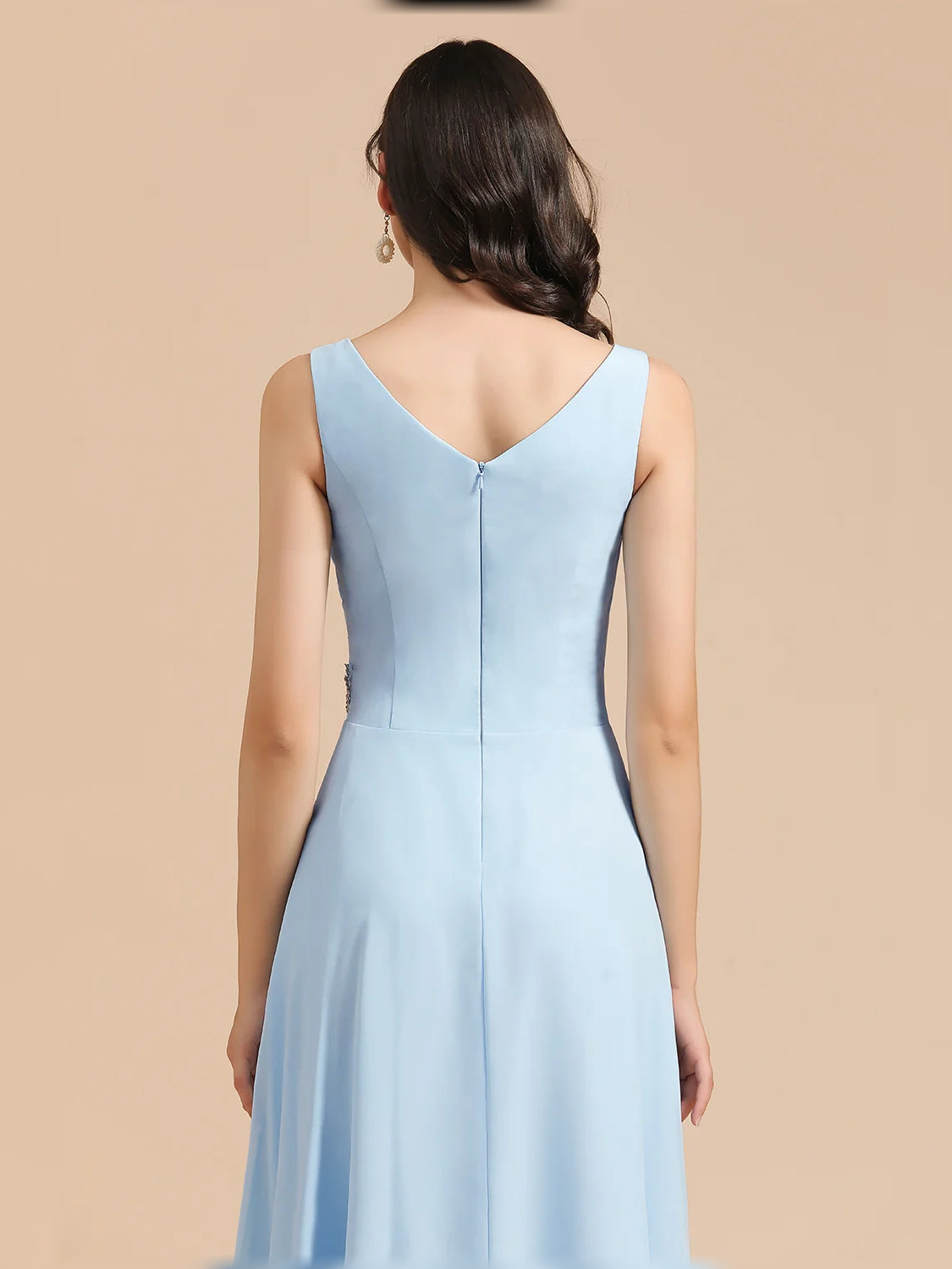 Sky blue back view of sleeveless V-neck A-line chiffon bridesmaid dress