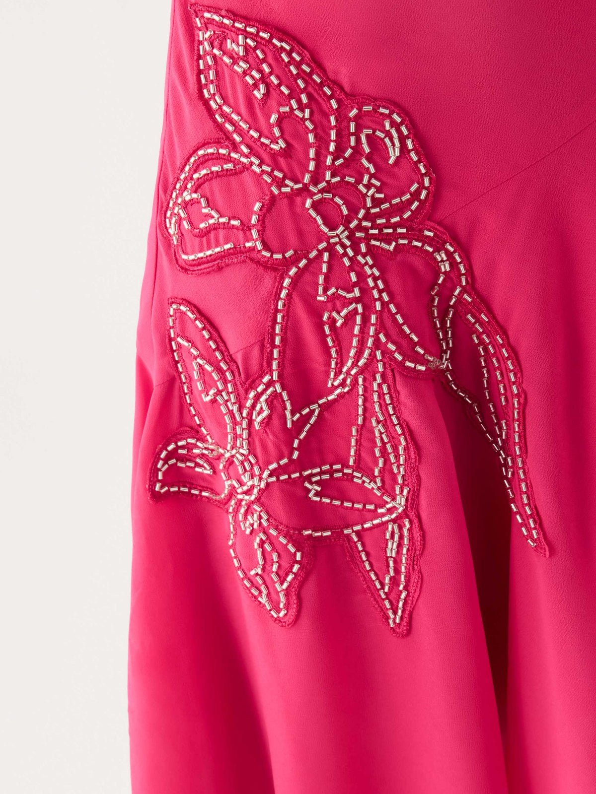 Fuchsia midi formal dress with beaded floral appliqué detail