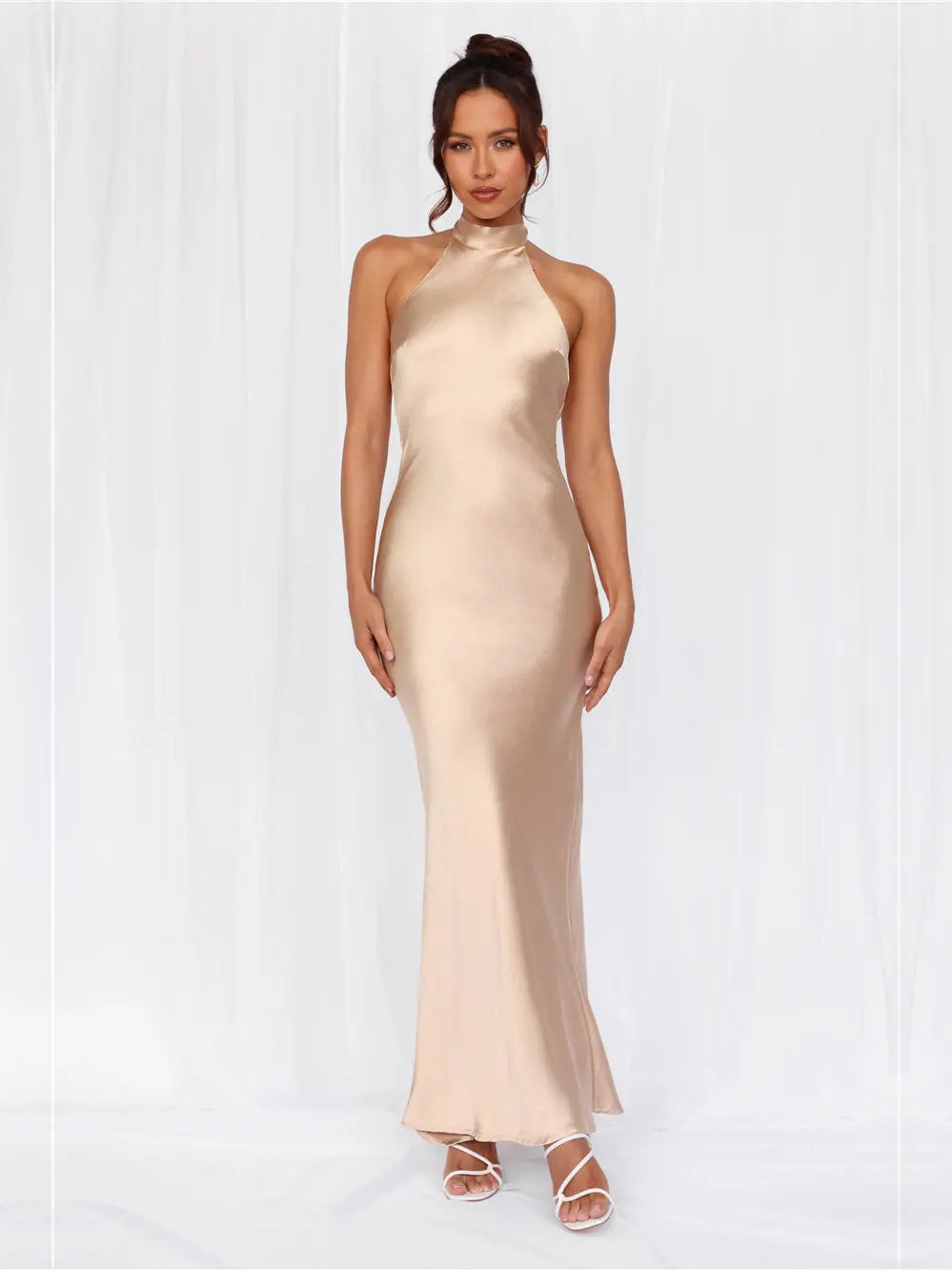 Champagne sheath maxi formal dress with halter neckline, alternate view showing the skirt