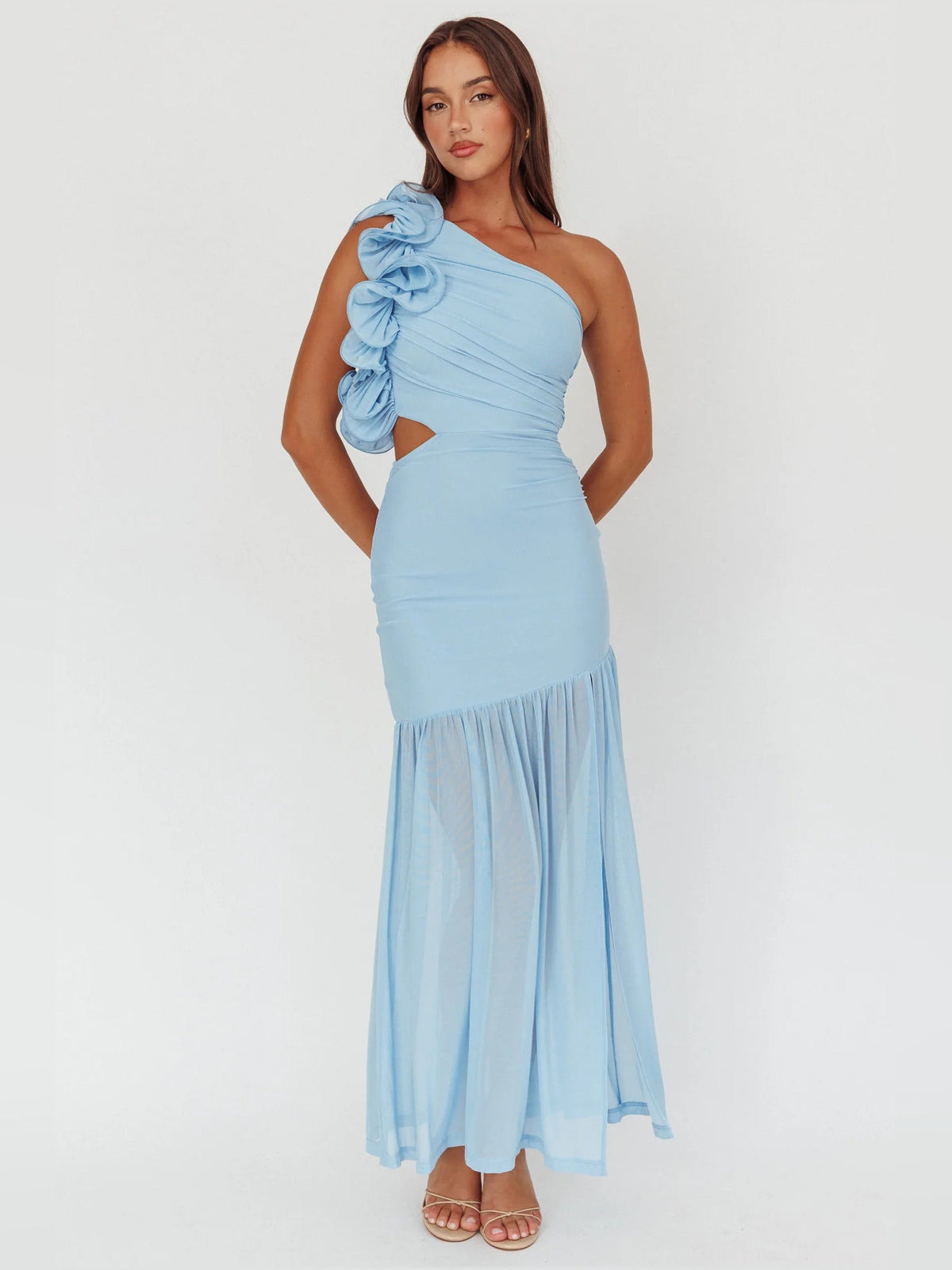 Light blue one-shoulder rosette maxi dress with draped waist and tiered skirt
