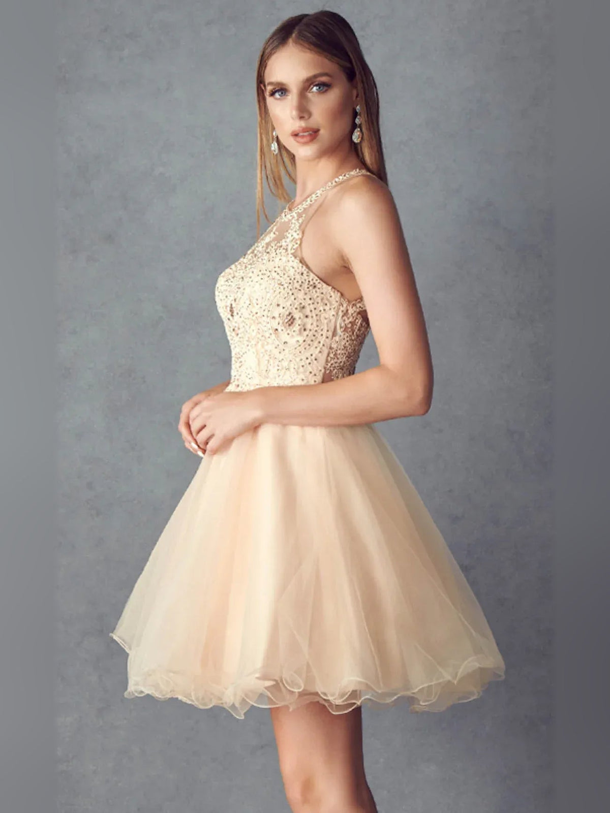 Champagne beaded halter short tulle A-line homecoming dress with sleeveless fitted top