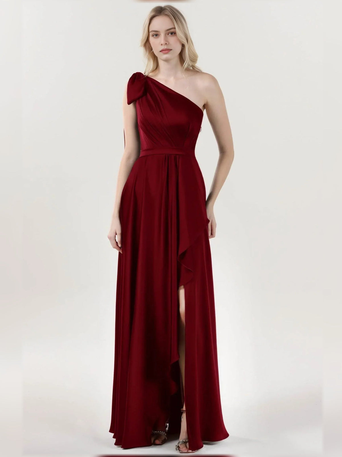 One-shoulder A-line formal dress in burgundy with draped waist and side slit