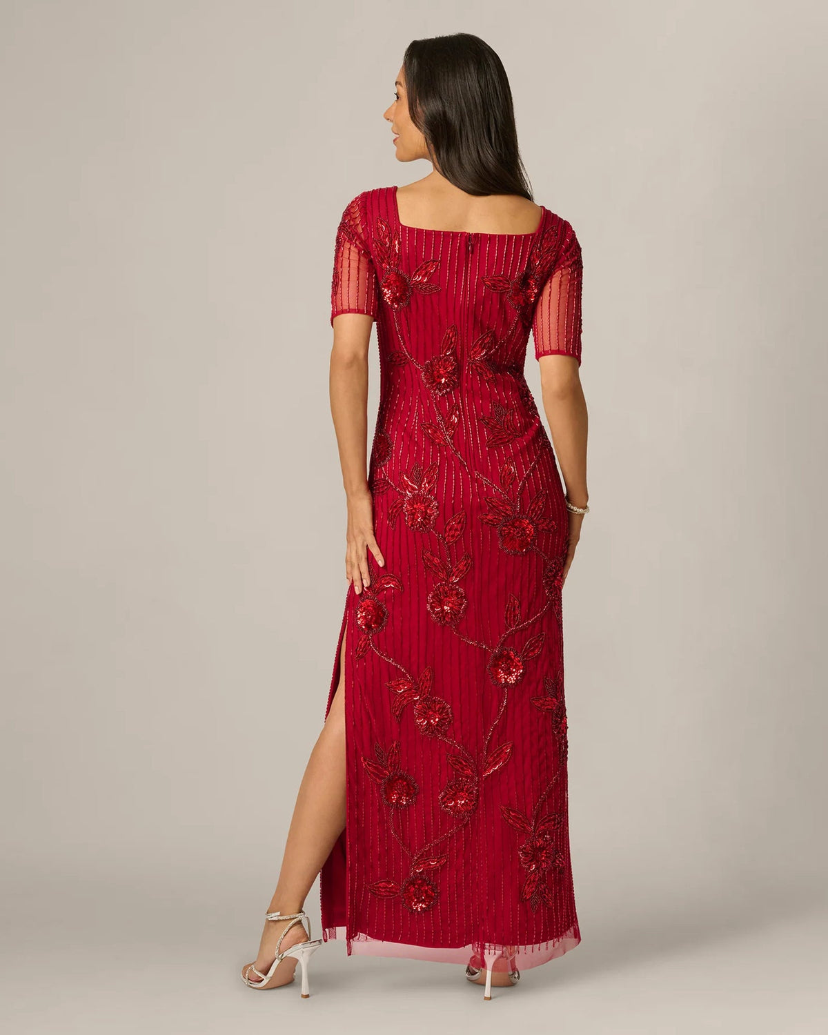 Cranberry red maxi sheath dress with back floral sequin embroidery and short illusion sleeves