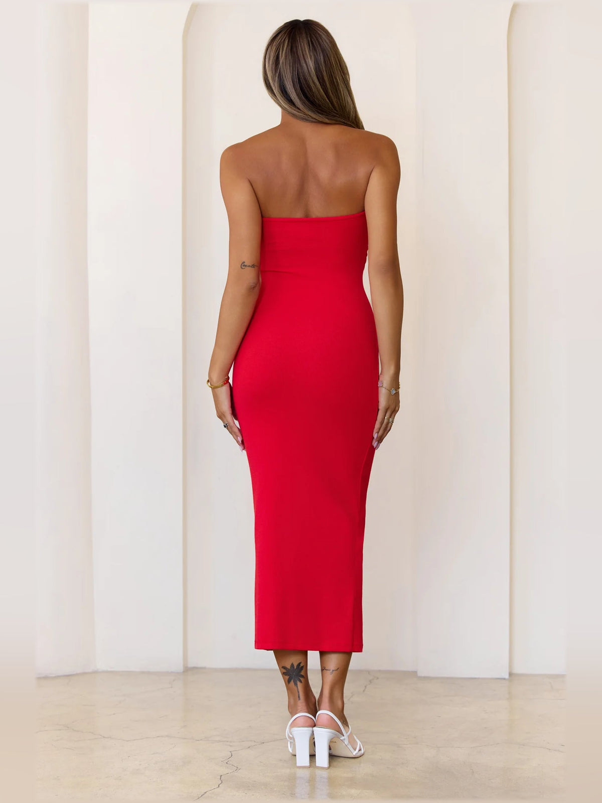 Red strapless ribbed midi formal dress, back view, straight fitted cut