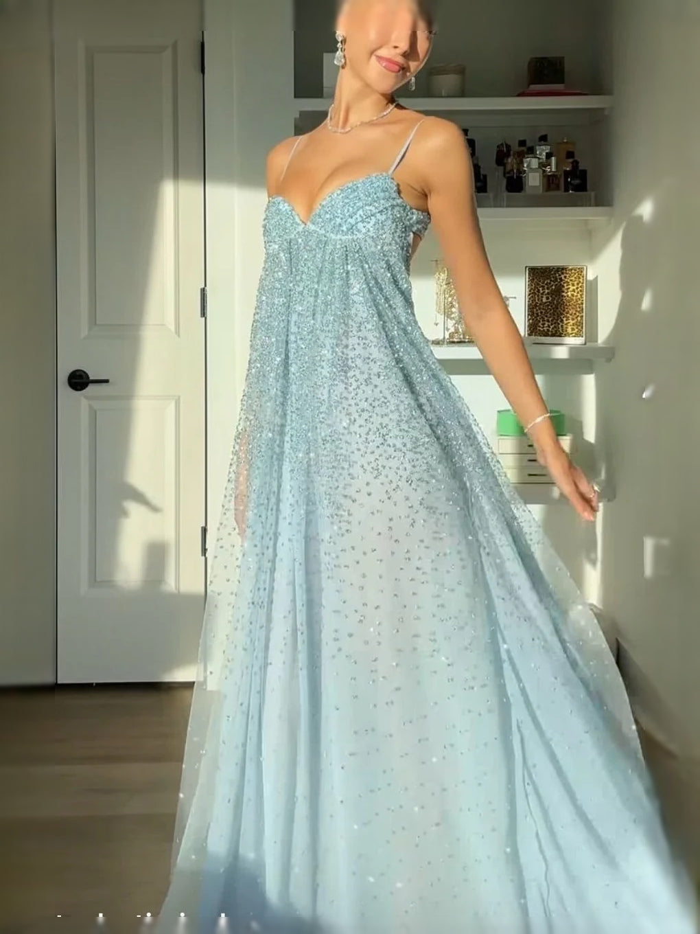 Mint green glitter A-line prom dress with sweetheart neckline and thin straps