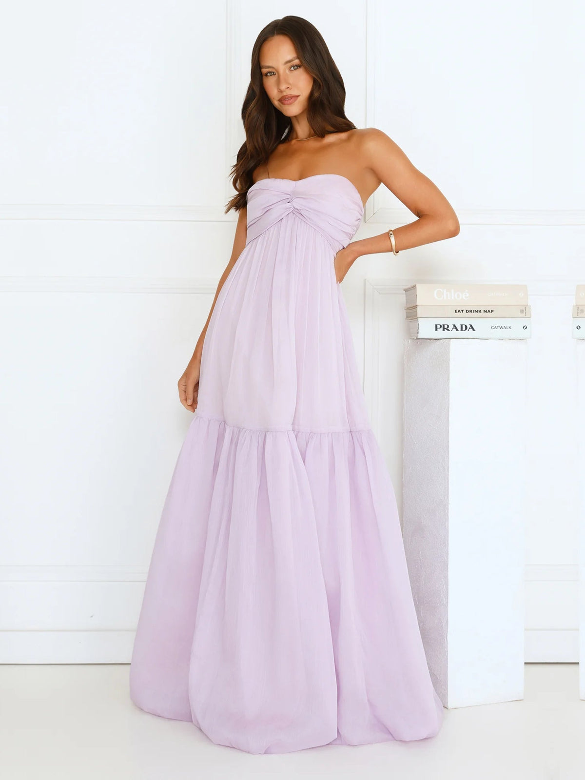 Lilac a-line maxi formal dress with tiered skirt, alternate view showing the skirt