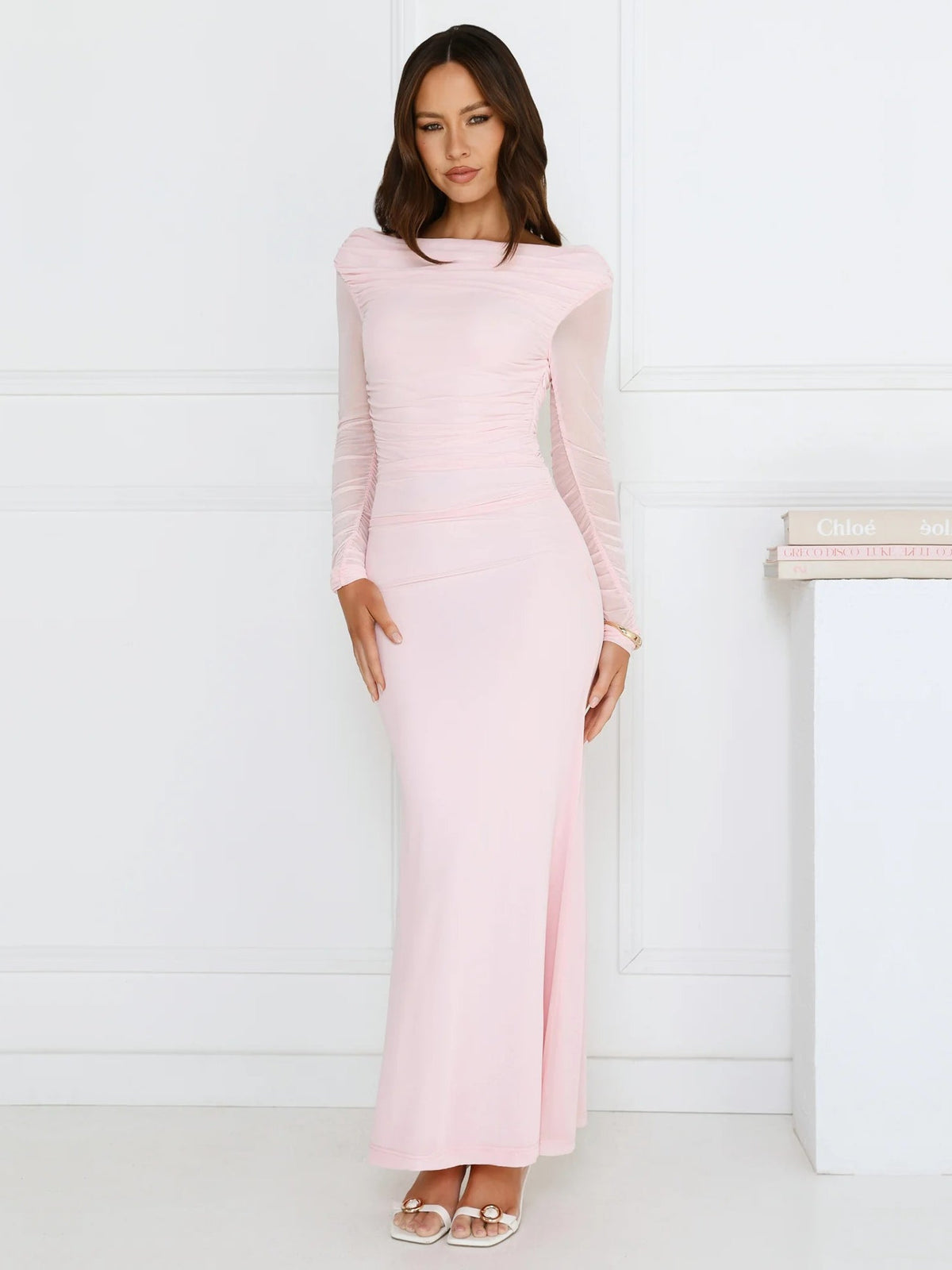 Pink sheath maxi formal dress with sheath, alternate view showing the skirt
