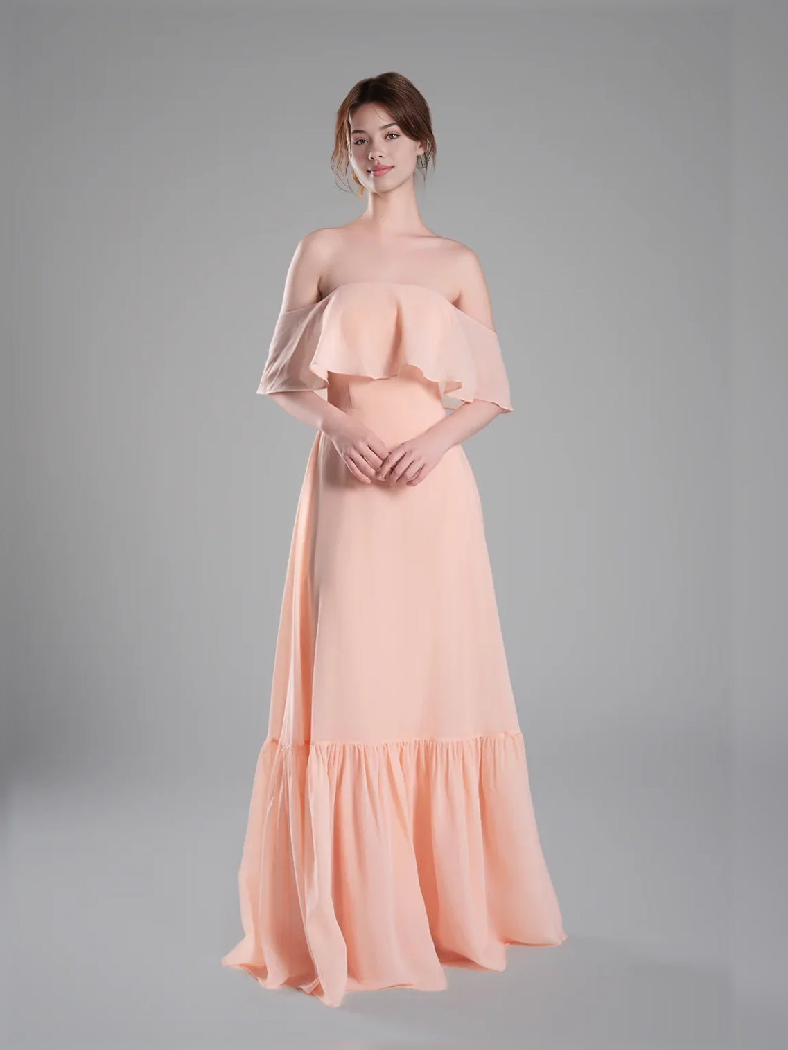 Apricot off-shoulder chiffon A-line dress with layered ruffle bodice and tiered skirt