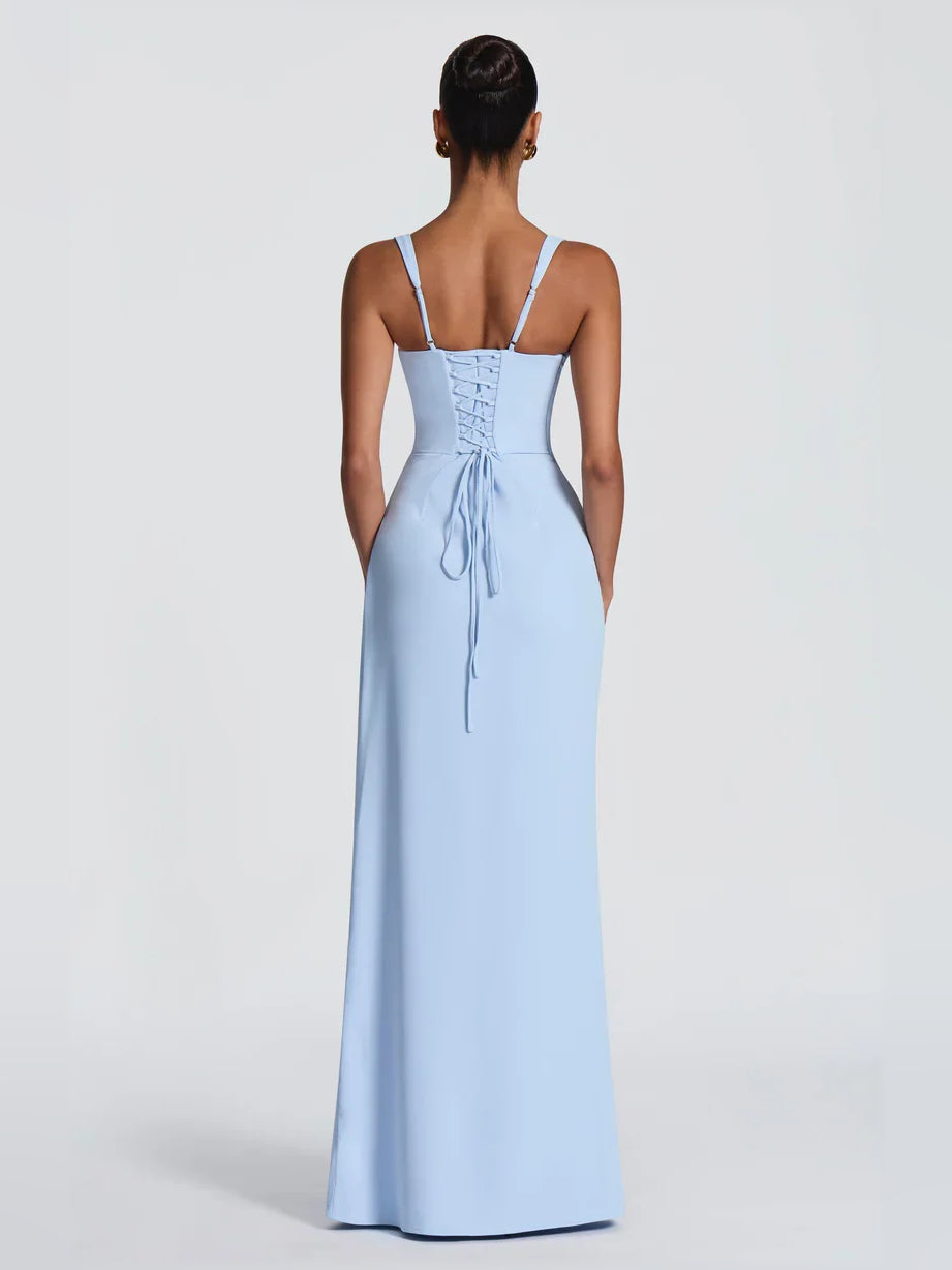 Light blue back square-neck formal dress with ruched waist and draped skirt