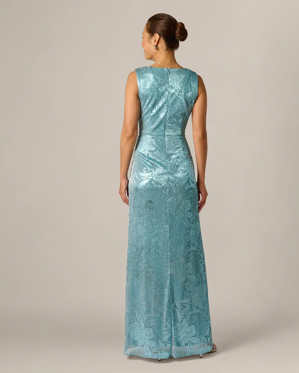 Teal floral print A-line maxi dress with V-neck back and draped waist