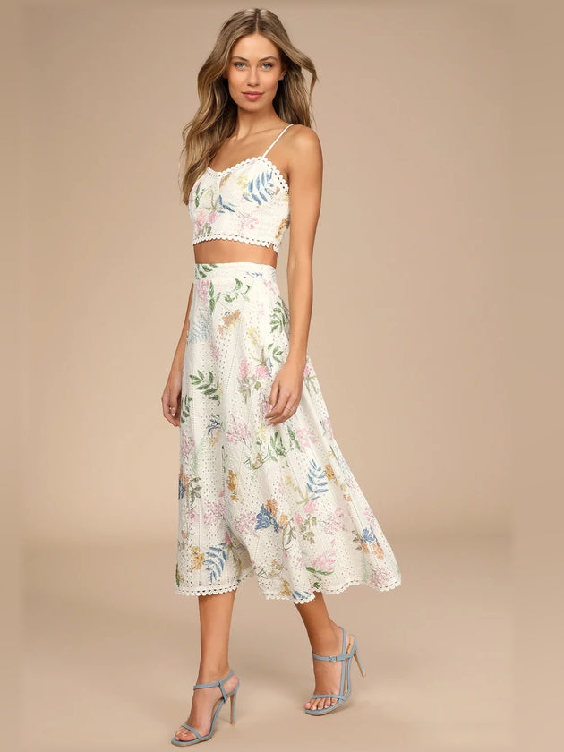 Floral embroidered two-piece midi dress set with lace crop top and pleated skirt