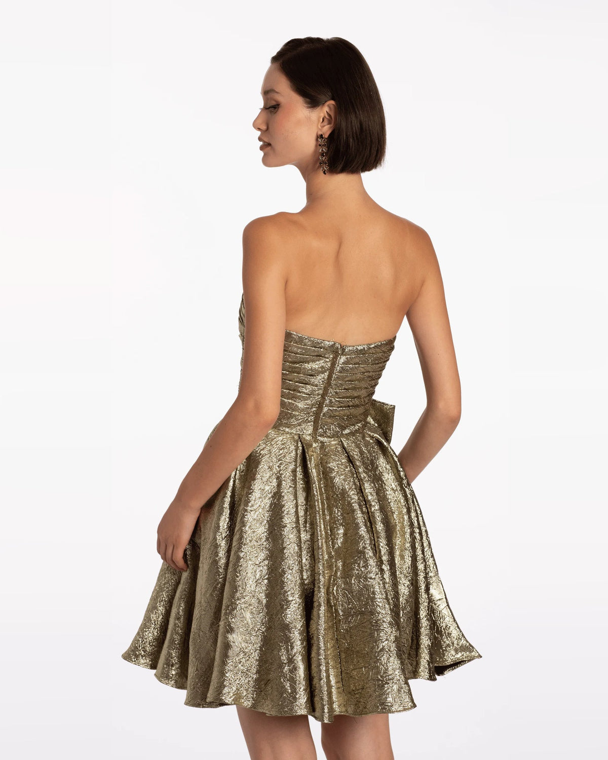 Gold strapless metallic fit-and-flare dress, ruched bodice with pleated skirt
