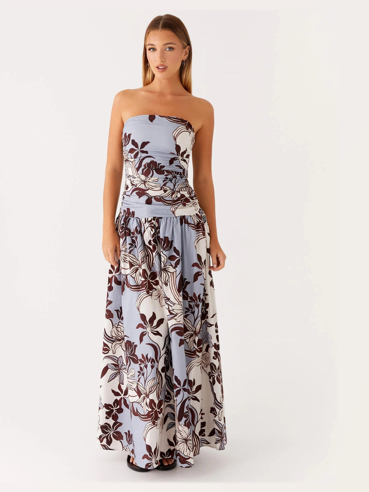 Light Blue Brown Floral Print maxi formal dress, alternate full-length view showing the hem