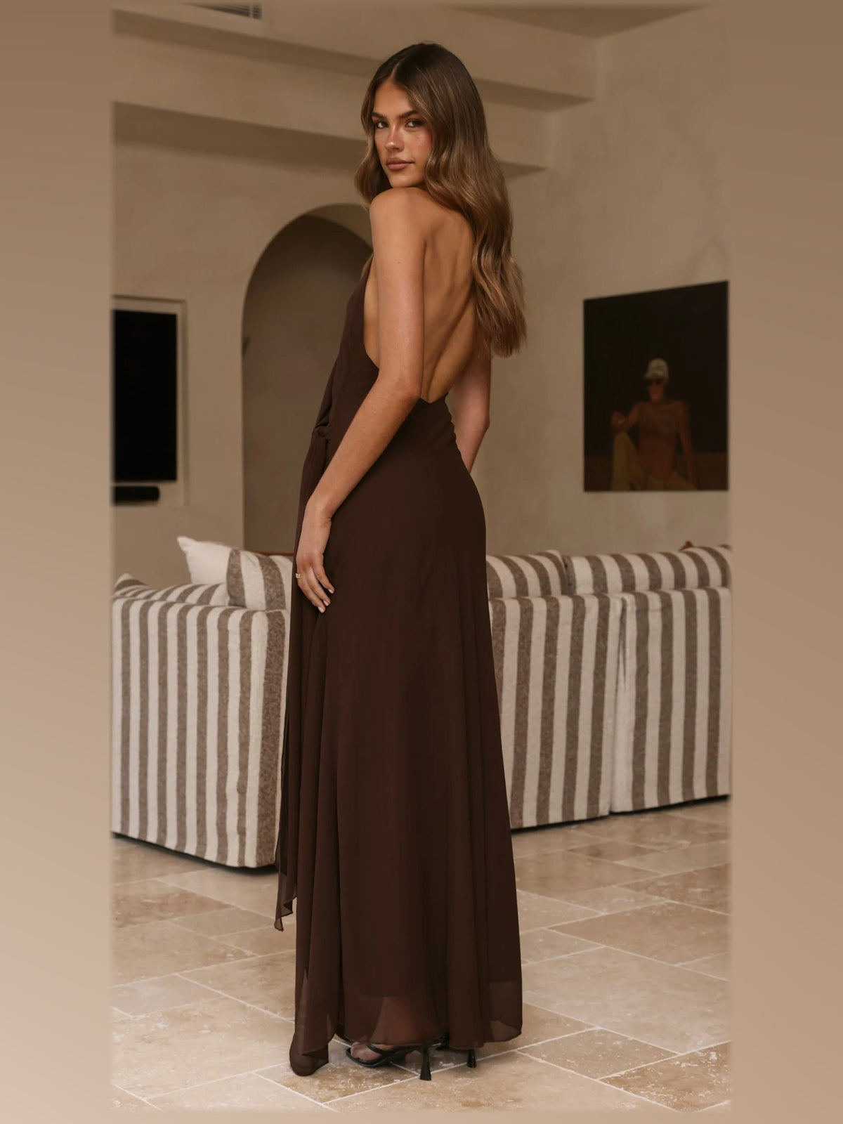 Chocolate maxi formal dress, alternate full-length view showing the hem
