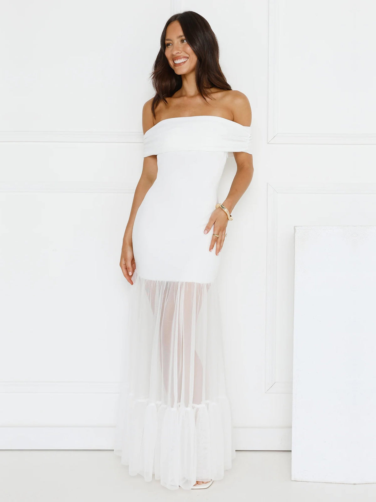 White sheath maxi formal dress with off-the-shoulder neckline, alternate view showing the skirt