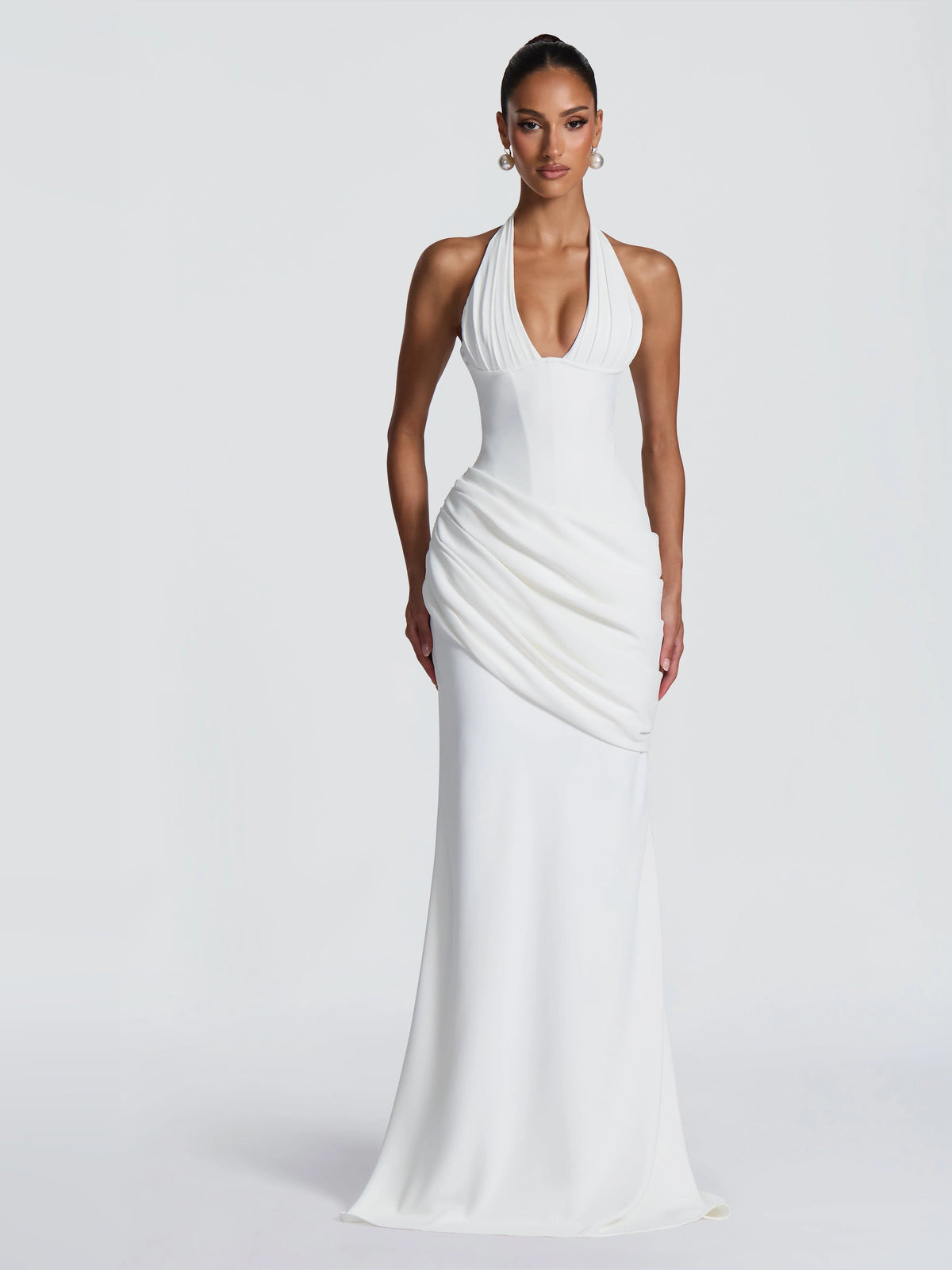 Ivory sleeveless halter V-neck mermaid wedding dress with draped pleats at waist