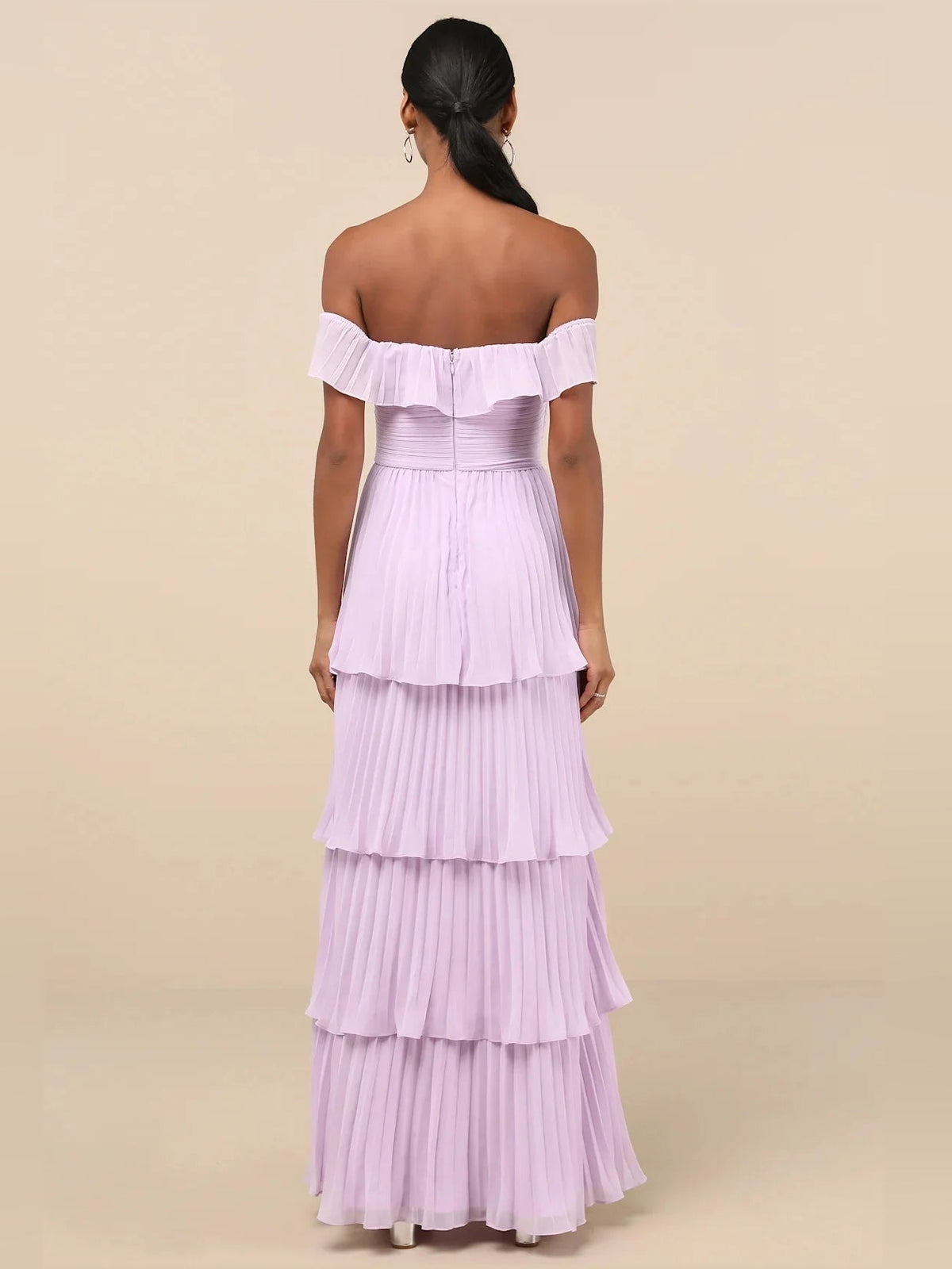 Off-shoulder tiered A-line maxi dress in lavender with ruffled bodice and skirt