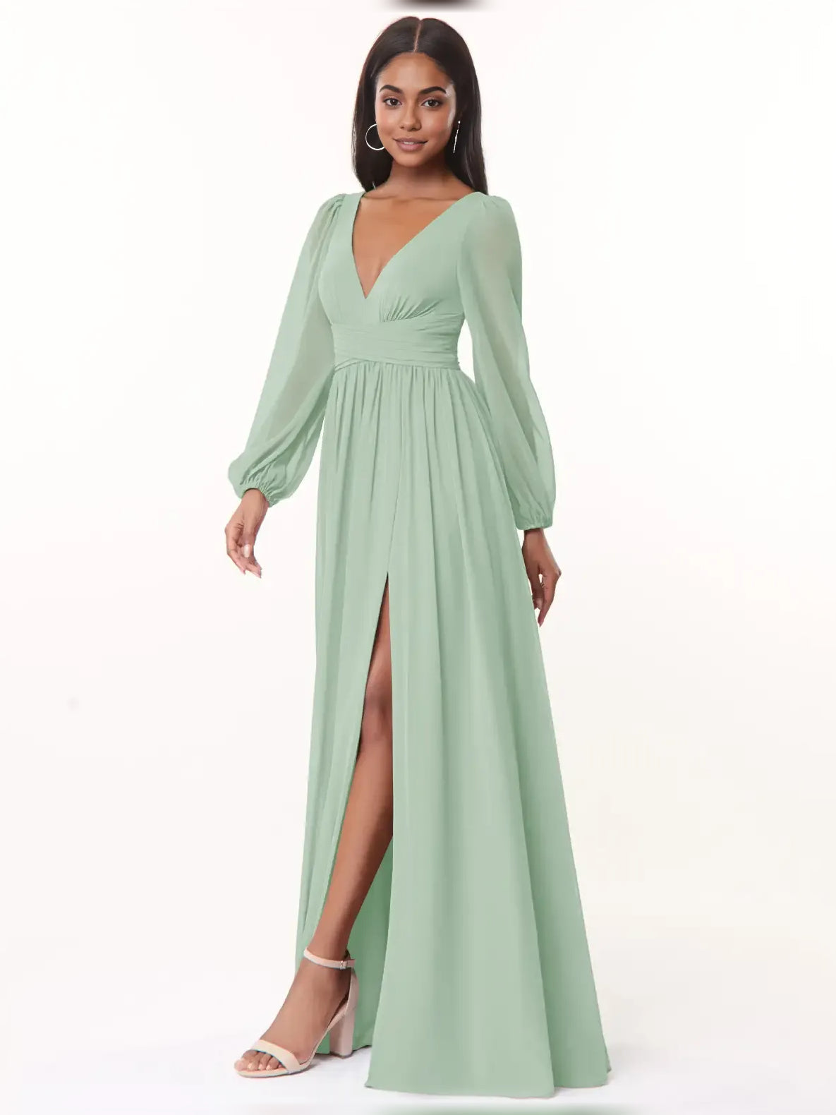 Dusty sage chiffon bridesmaid dress front view, V-neck, full-length A-line skirt with slit.