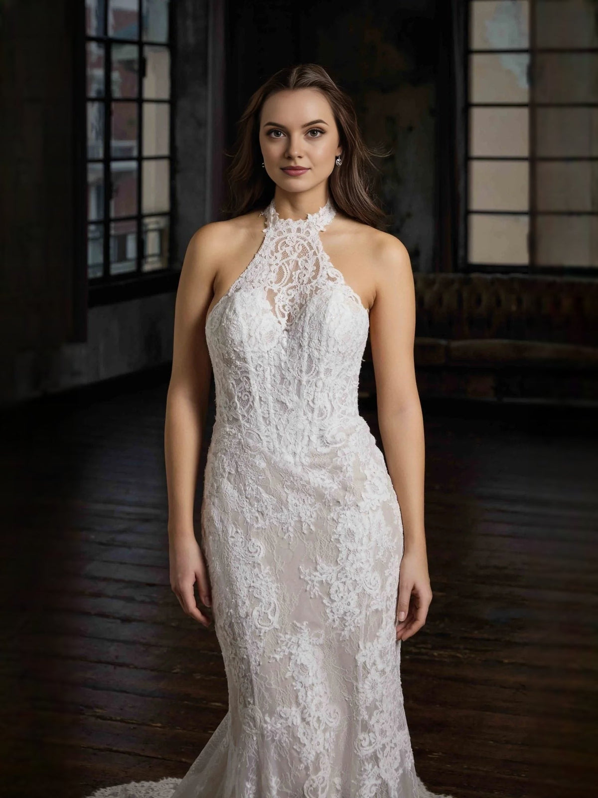 Ivory floral lace halter-neck mermaid wedding dress with long fitted skirt